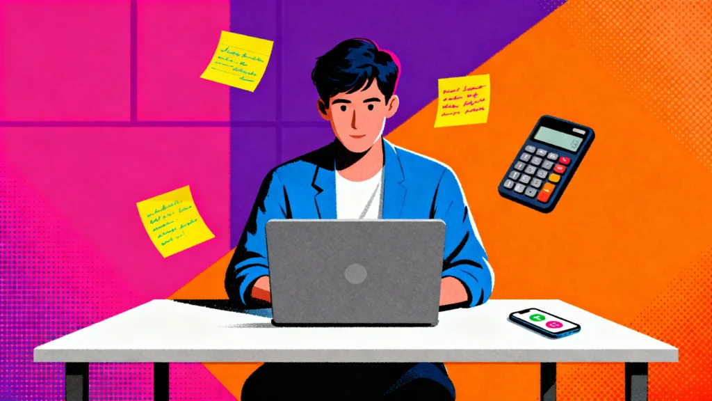 persona confundida investigando sobre páginas web en laptop con notas